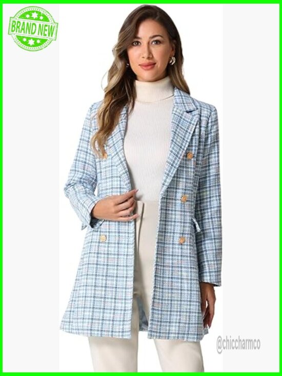 Jackets & Blazers - Double Breasted Tweed Blazer Plaid Notched Lapel Long Jacket